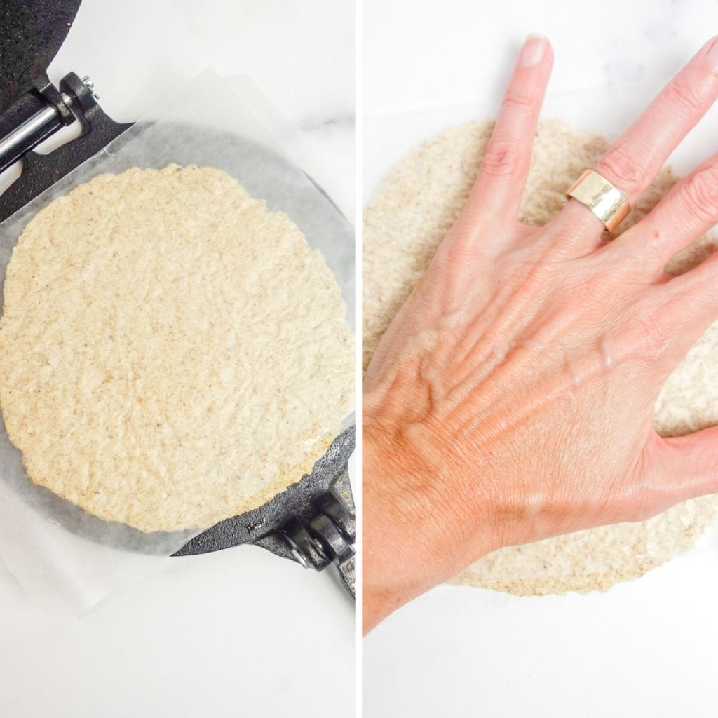 2 photo collage showing alternative ways to press out a tortilla