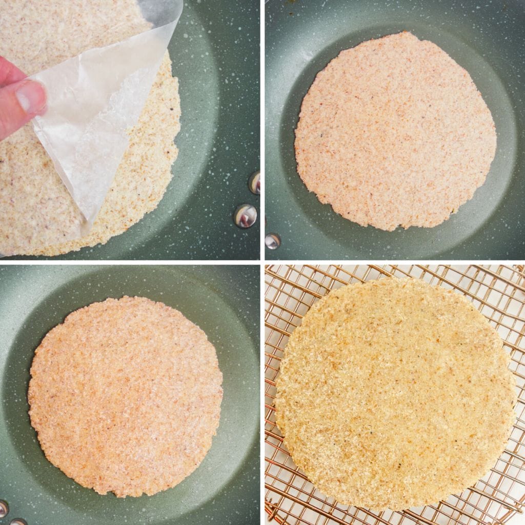 4 photo collage showing how to cook a millet flax tortilla