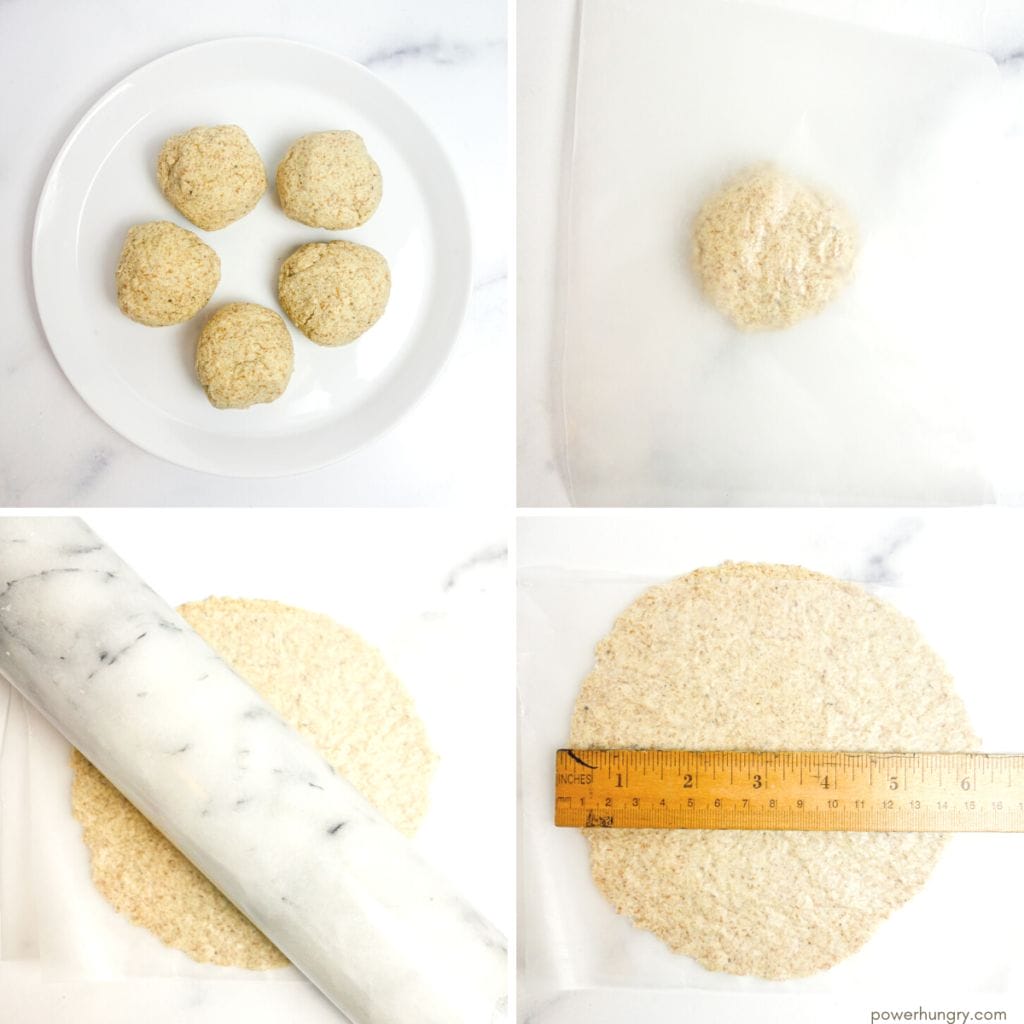 4 photo collage sowing how to roll out a tortilla