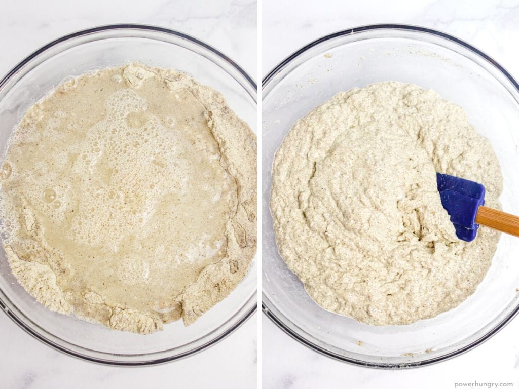 two photo collage showing the water being added to the dry ingredients to make chia millet bread