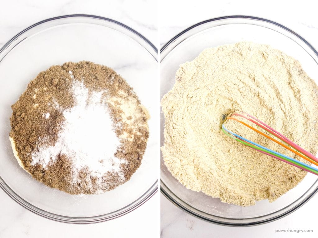 two photo collage showing the dry ingredients for millet bread