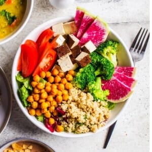 healthy vegan dinner bowl in white dish