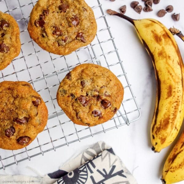 banana chocolate chip vegan cookies cooling on a wire cooling rack