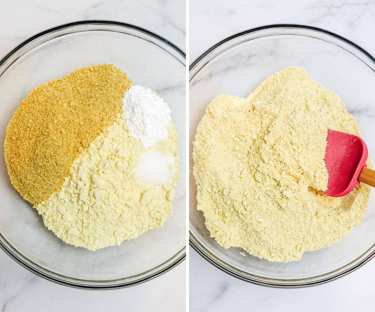 2 photo collage showing the dry ingredients for millet flax bread